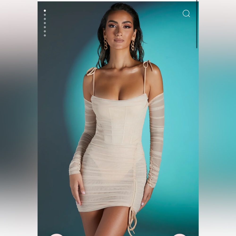 OhPolly Beige Mesh Off The Shoulder Mini Dress